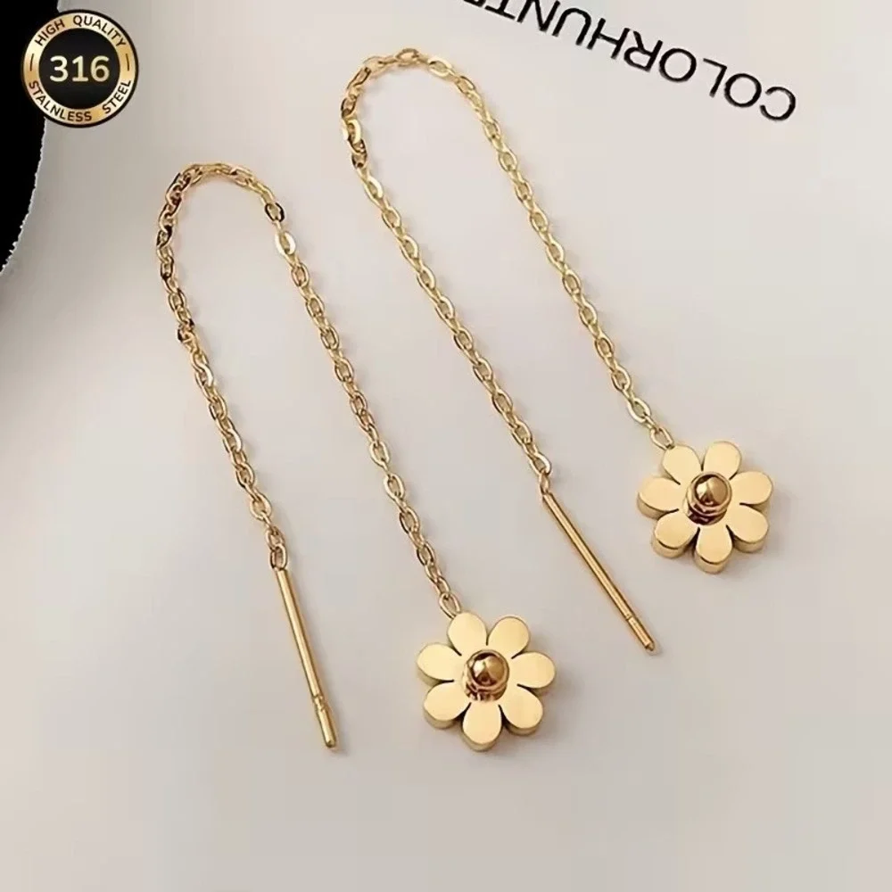Gold Flower Threader Earrings 18K Gold Plated 316 Stainless Steel Daisy Floral